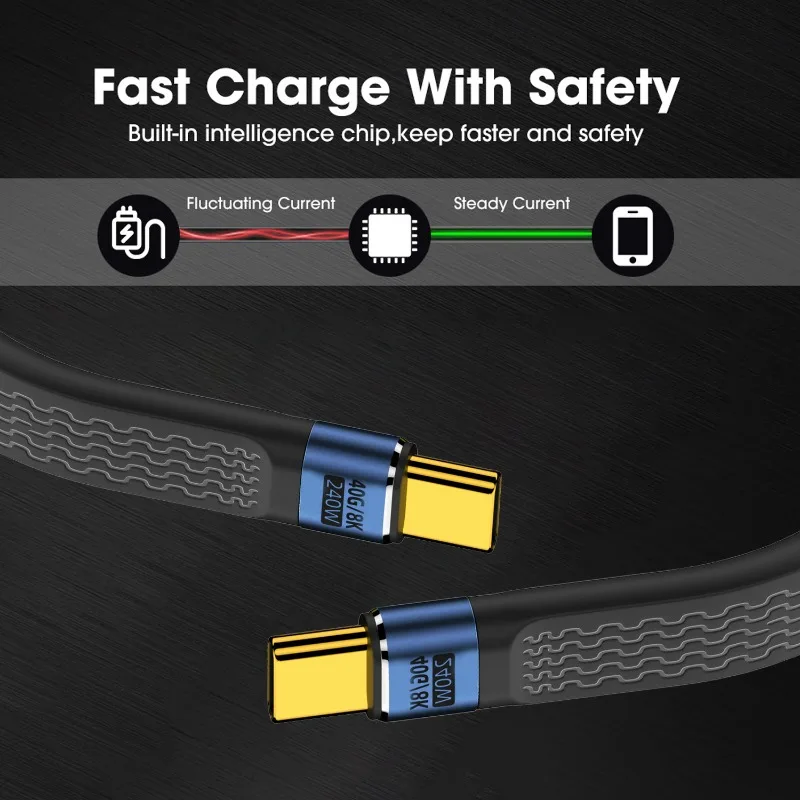 240W 40Gbps Short USB C To USB C Cable Fast Charging Type C Cord High Speed Data Transfer 8K Flat Data Charging Extension Cable