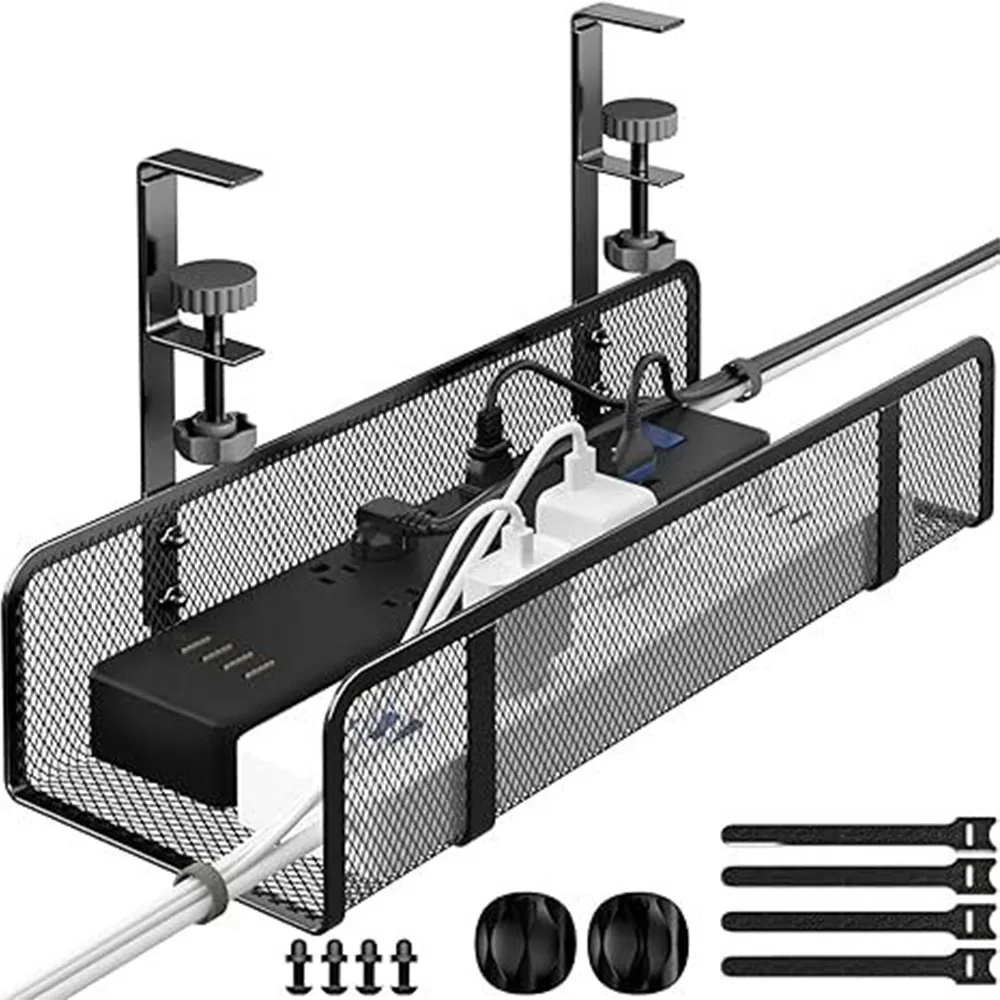 

Черно-белая корзина для хранения под столом. Простая установка. Регулируемый лоток для проводов. Сталь. Не требует перфорации.