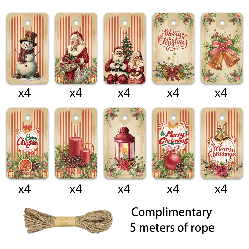 40 buah, label Natal, label hadiah, dekorasi pesta, DIY, hiasan kemasan, kartu ucapan, kartu pesta, benang goni