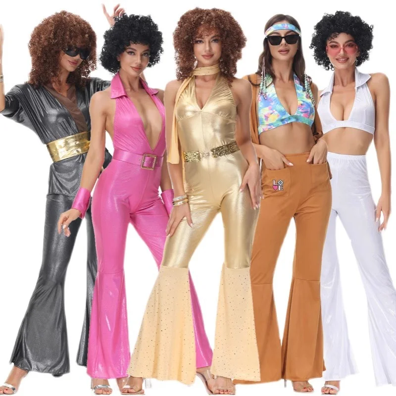 Disfraz de discoteca de Halloween de los años 70 Retro Bar Cos Hippie Ropa para el escenario Fibra de poliéster 00% Verano 2023 Faion Ladies'...
