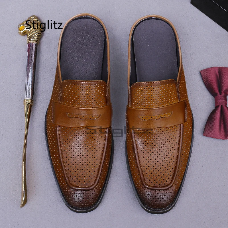Breathable Leather Brogue Mules Slippers for Men Retro Style Closed Toe Hollow Half Slippers Elegant Slip On Casual Shoes