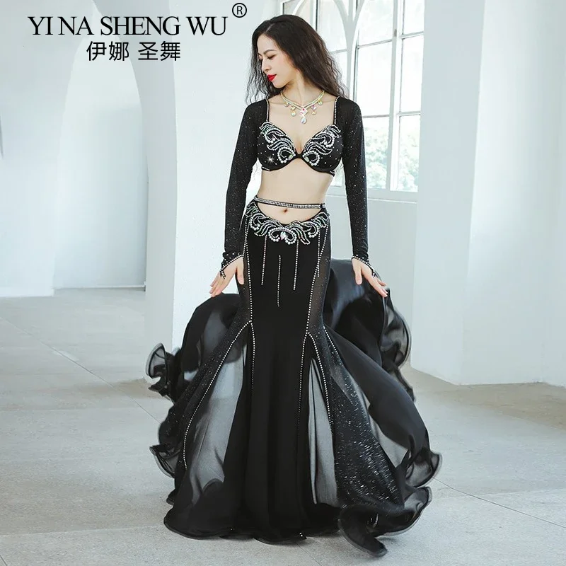 새로운 밸리 댄스 공연 의상 블랙 긴 소매 중공 피쉬 테일 스커트 여성 전문 경쟁 공연 댄스 세트
