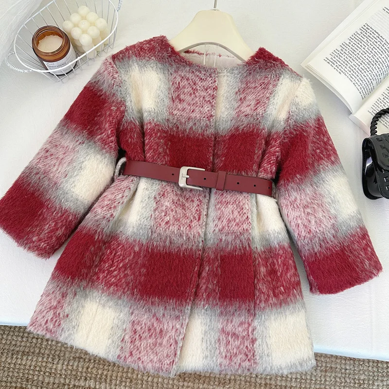 

Kids Girls Jacket Coat Winter Fleece Thicken Plaid Overcoat With Belt Children Mid-Length New Year Clothes For Party Evening