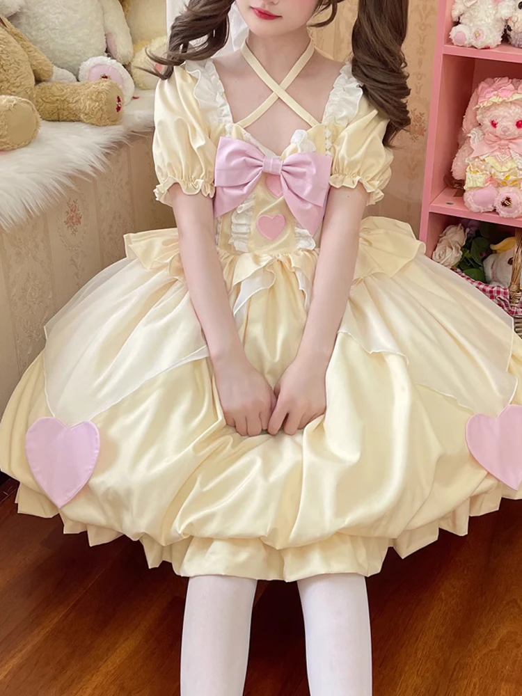 

KIMOKOKM Summer Lolita Dress Ruffled Lace Kawaii Square Collar Bow Puff Sleeve A-Line Princess Sweet Heart-shaped Japanese Dress