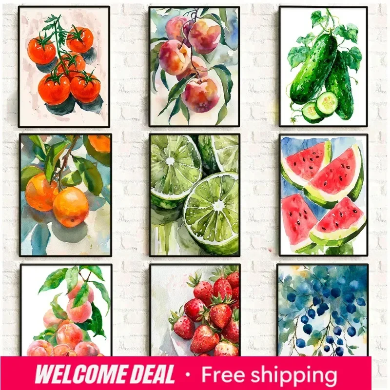 2026 Watercolor Vegetables Fruits Poster Strawberry Peach Garden Orchard Food Canvas Painting Wall Art Farmhouse Kitchen Home