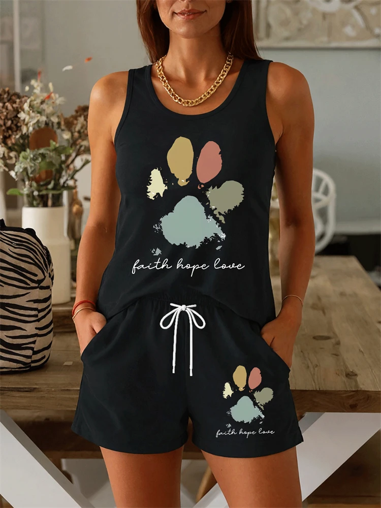2026 Summer Women's Casual Round-Neck Tank Top Set Cute Cat Paw Print Breathable Loungewear Set Outdoor Jogging Sports Set