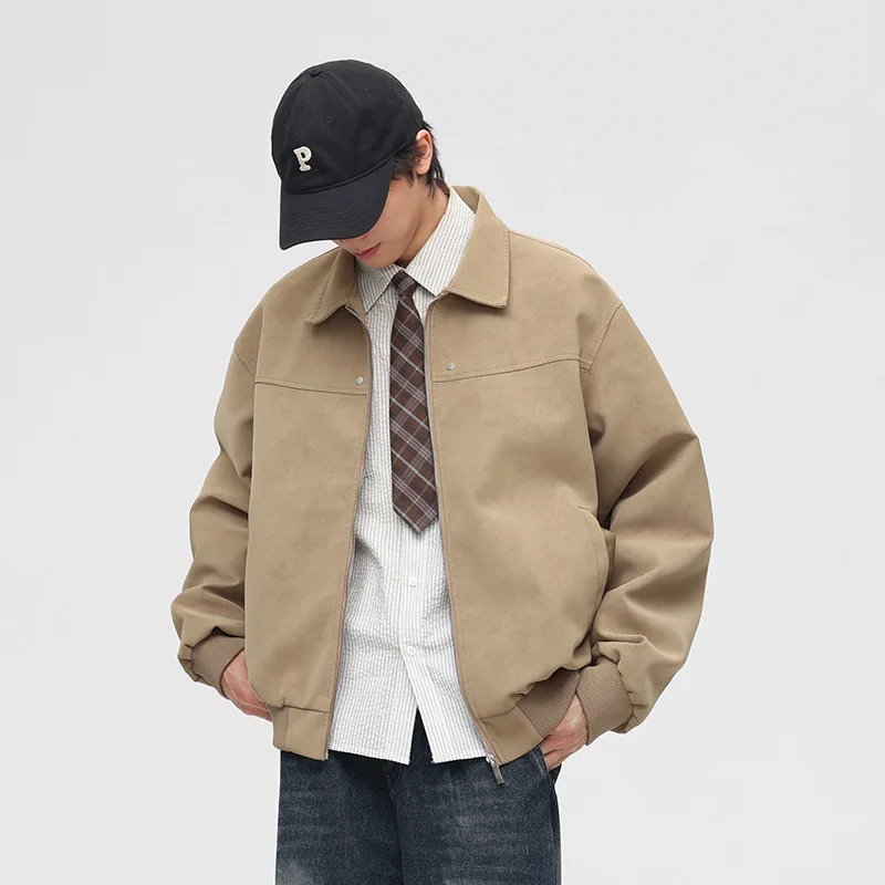 남성 가을 코트 빈티지 솔리드 턴다운 칼라 긴 소매 지퍼 남성 아우터웨어 패션 루즈 캐주얼 다용도 남성 재킷