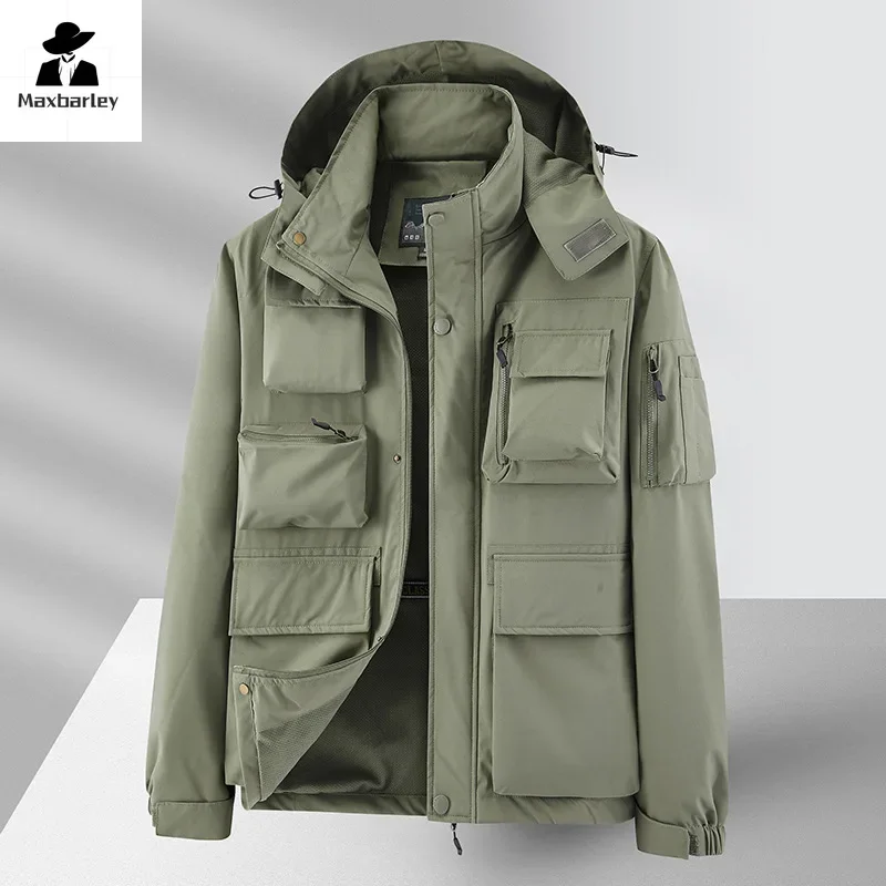 Men's Windbreaker Retro Multi-pocket Waterproof Coat New Spring 2024 Work Field Mountaineering Detachable Cap Boxing Jacket