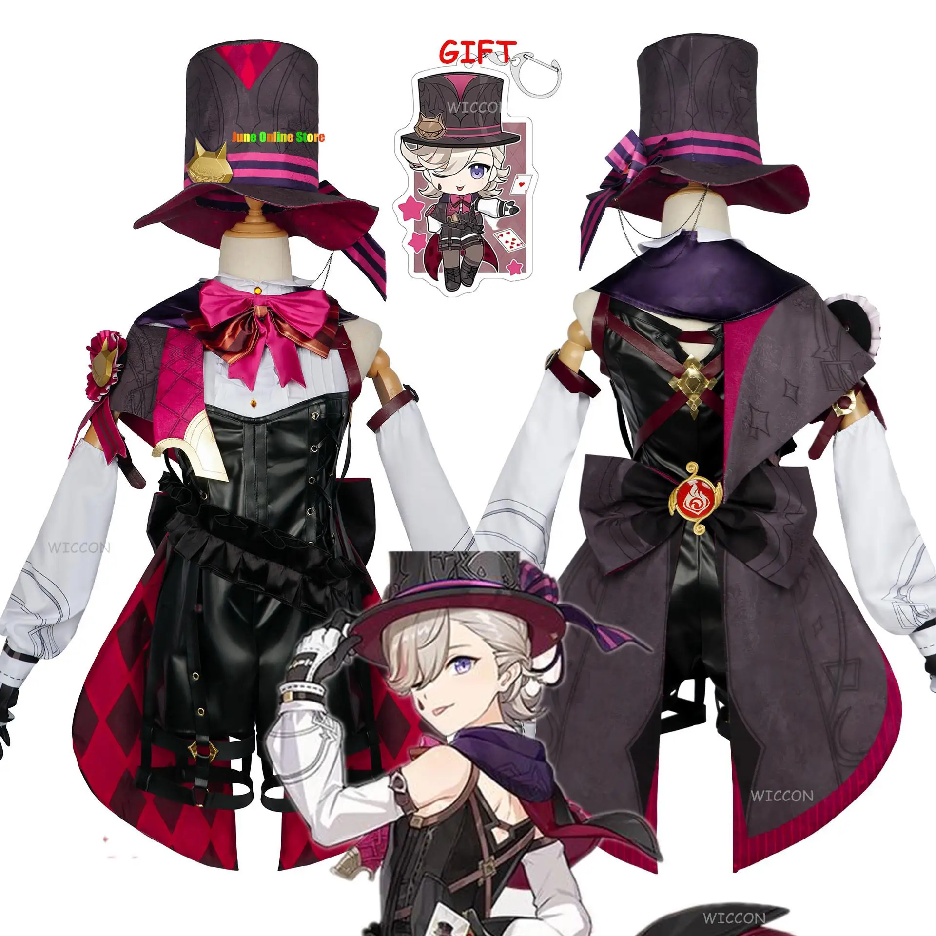 

Lyney Cosplay Genshin Impact Costume Wig Fontaine Lyney Leather Magician Uniform Short Hair Glove Twins Halloween Carnival Game