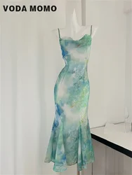 Summer Swing Collar Mermaid Dress Vintage Wrapped Fishtail Long Dress Fashion Tie Dyed Printed Suspender Dress for Women Design