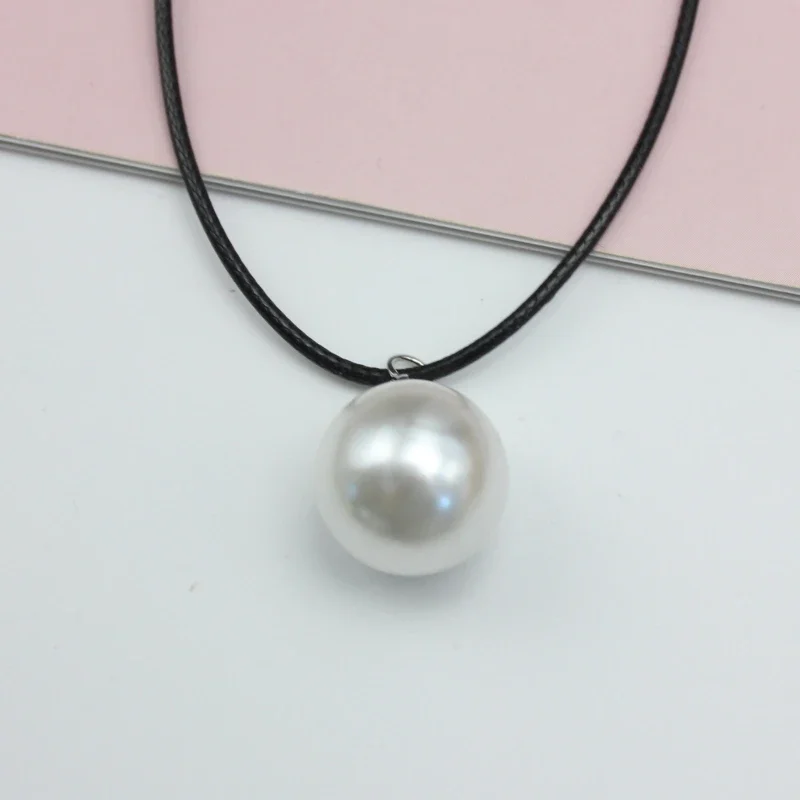18mm große weiße runde Imitation Perle Anhänger Halskette für Frauen 45 5cm Pu Leder Wachs Linie Schlüsselbein Kragen Modeschmuck Geschenk
