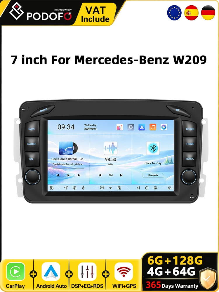 Podofo 7-Zoll-Android-Autoradio für Mercedes-Benz CLK W209 W210 W203 W208 W463 W639 1998-2004, Auto-Video-Multimedia-Player, GPS-Navigation, WiFi, BT, Autoradio, CarPlay, Android Auto,