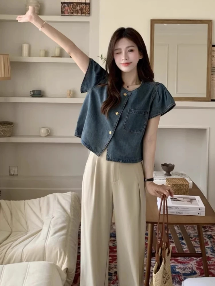 

Retro round Ne ort Sve Denim Jaet Women's Faion Slim Fit Versatile Spring Summer New Arrival Korean Sle irt
