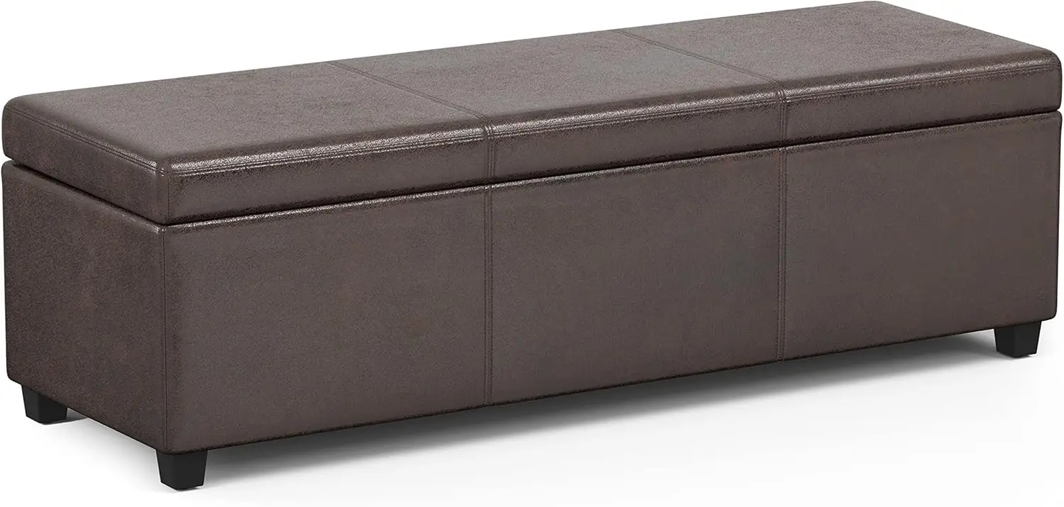 54 Inch Wide Contemporary Rectangle Extra Large Storage Ottoman Bench in Distressed Brown Vegan Faux Leather,