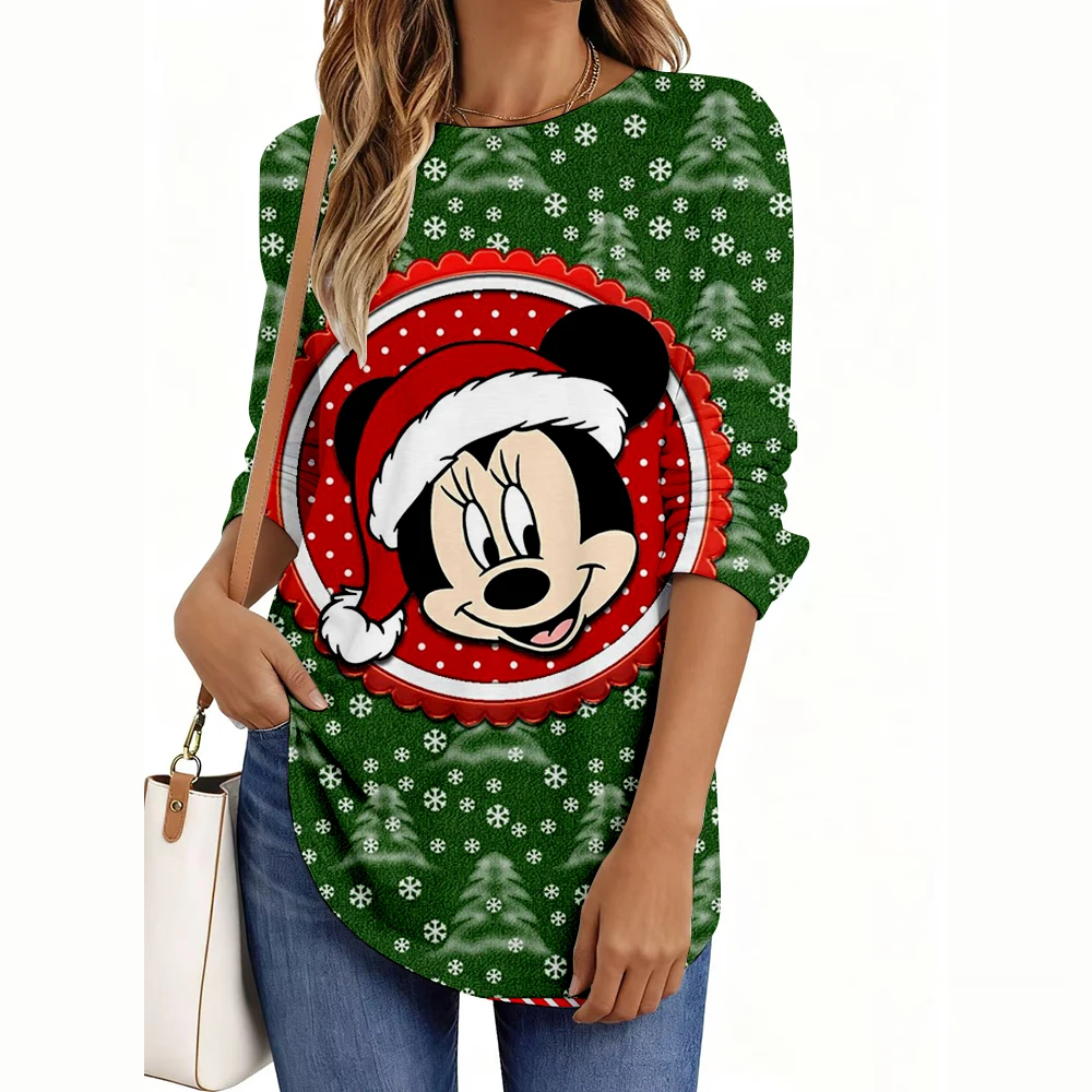 2025 レディース Tシャツ ディズニー クリスマス シリーズ プリント エレガント ファッション Tシャツ 長袖 Tシャツ O ネック レギュラー トップス カジュアル プルオーバー
