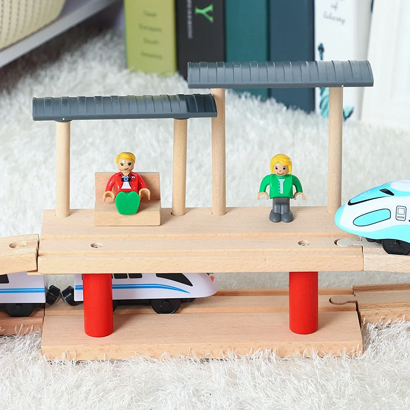 Pista de trem de dupla camada de madeira, plataforma de trem, acessórios de brinquedo, trem infantil, pista de tráfego, brinquedo compatível com madeira s10