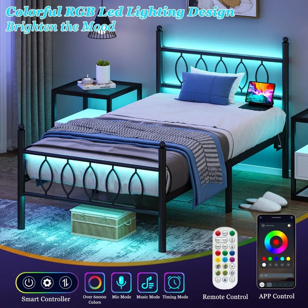 Twin Size Metal Bed Frame with Headboard, Charging Station, LED Lights, 12-Inch Under Bed Storage, Black Platform Bed Frame