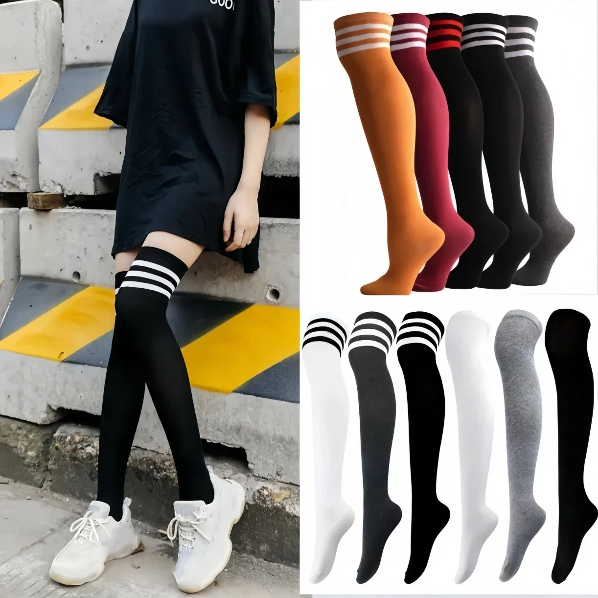 NEWJOINFUN 1 Pair Black White Striped Socks Girls Sexy Over Knee Thigh High Warm Long Tube Plus Size Sock Stockings for Women