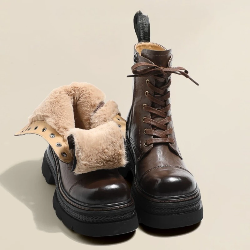 

Retro Women Ankle Boots Exquisite Platform Motorcycle Boots for Woman Fashion Plush Warm Winter Shoes Designer Shoes Botas Mujer