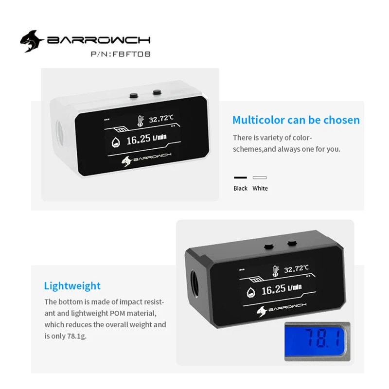 

BARROWCH FBFT08 Computer Watercooler Thermometer / OLED Flow Meter Monitor,Intellect ADJ. Monitoring Alarm G1/4", Black/White
