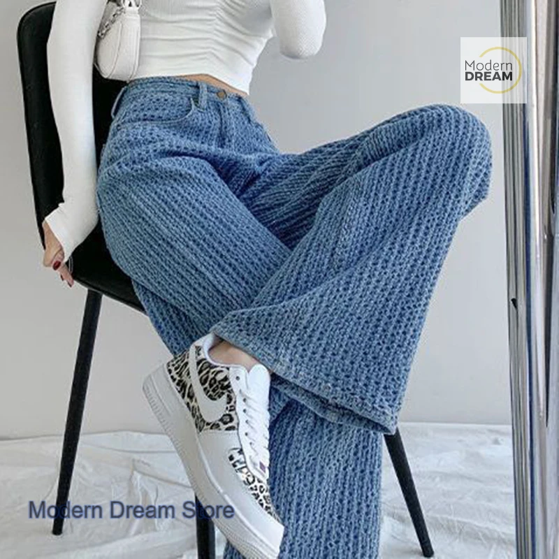 Autumn New Woven Jeans Wide-leg Pants Female Korean Style Fashion Temperament Leisure Students High Waist Mopping Pants