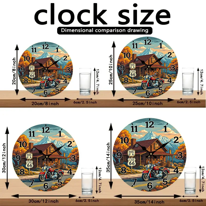 2D Flat. 1pc. Route 66 Themed Wall Clock - Silent Decorative Clock, Creative Wall Clock, Suitable for Bedroom, Living Room, Office Decor, 20.32/25.4/30.48/35.56 cm, AA Battery Not Included, 2D Flat
