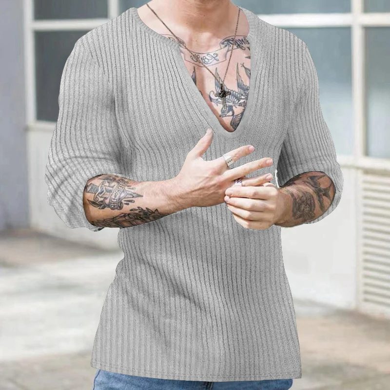 Decote em v profundo masculino de malha fina, blusa casual de manga comprida, roupa de outono e inverno, tendência fashion