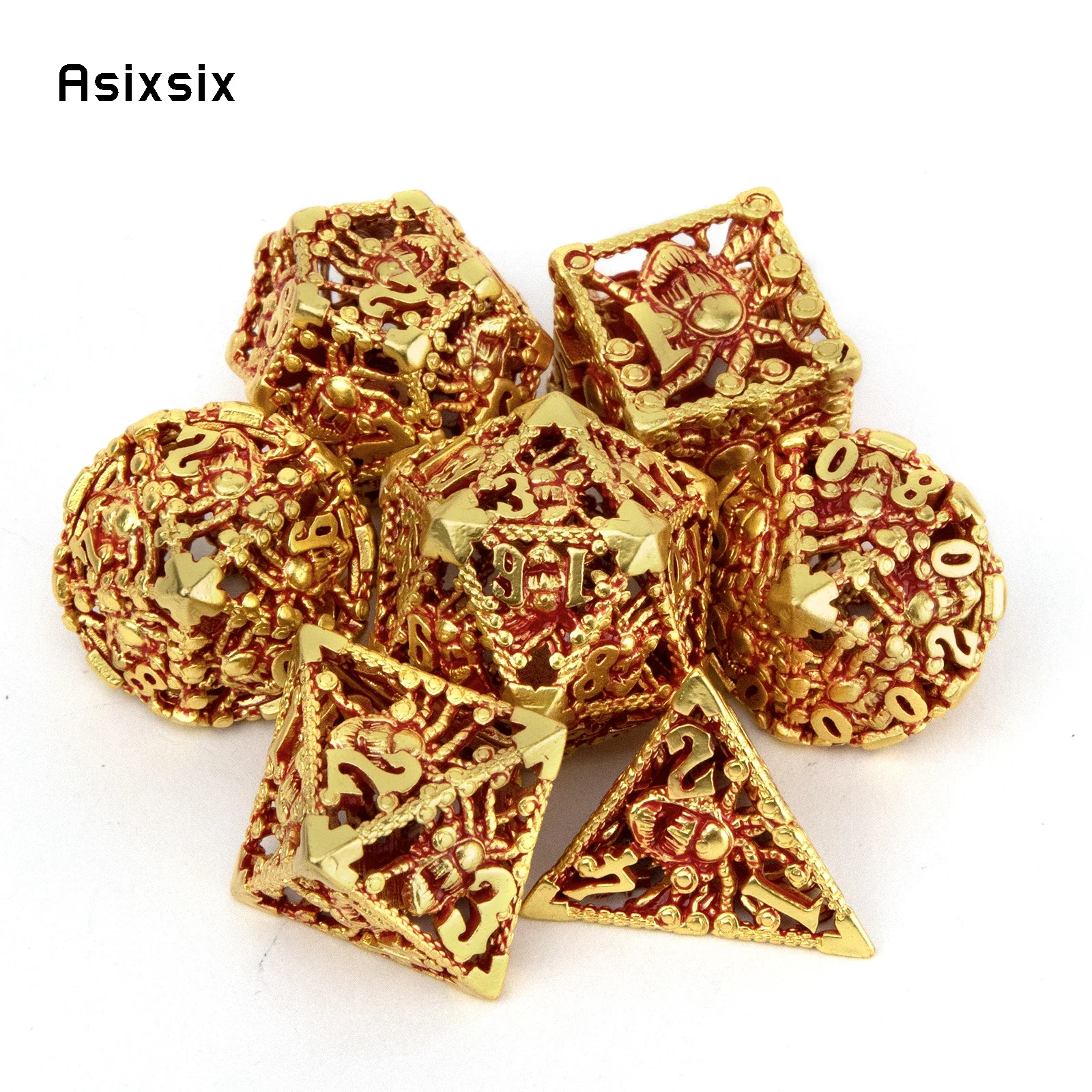 

7 Pcs Golden Red Octopus Metal Dice Hollow Metal Polyhedral Dice Set Suitable for Role-Playing RPG Board Game Card Game