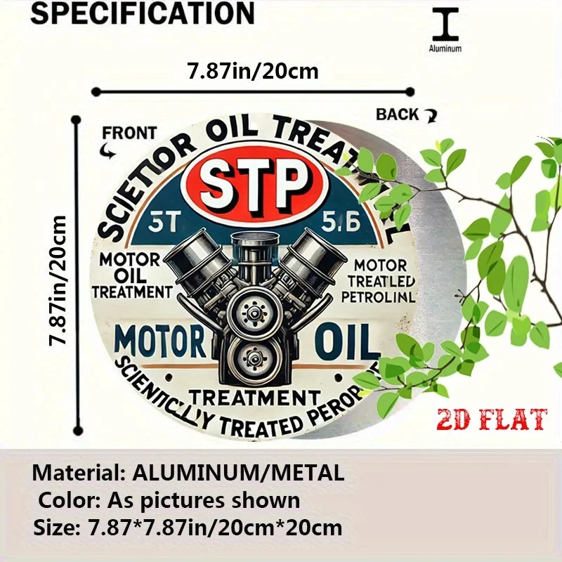2D Flata Vintage-Style 7.87inch Round Aluminum Sign - Stp Sign, 5t and 5.6 Labels, Engine Illustration, Suitable for Garages, Homes, Companies