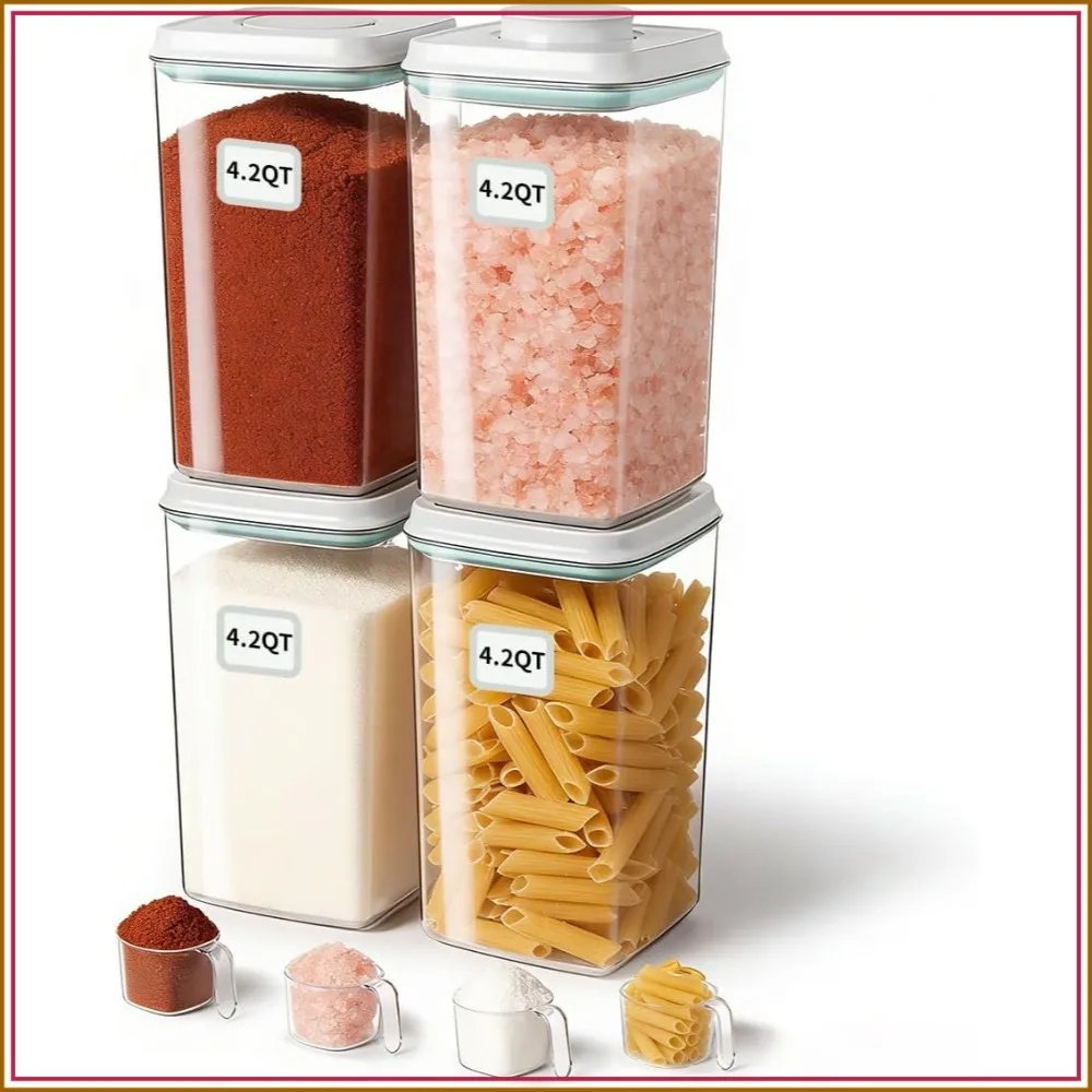 Airtight Food Storage Containers 4-Pack, 4.22 QT Each, Stackable PET with One-Touch Lid for Kitchen Organization