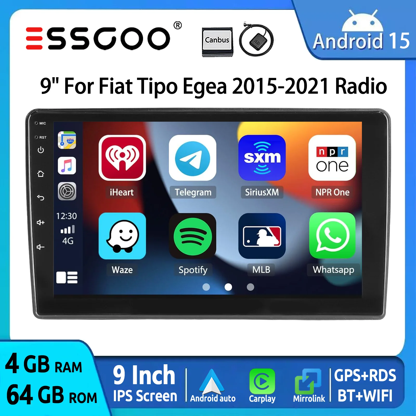 ESSGOO Autorradio 9" CarPlay Inalámbrico Android Auto para Fiat Tipo Egea 2015-2021 64 GB Android 15 GPS Navegación Bluetooth WiFi FM USB RDS Mandos al Volante Mirror Link Pantalla IPS Táctil