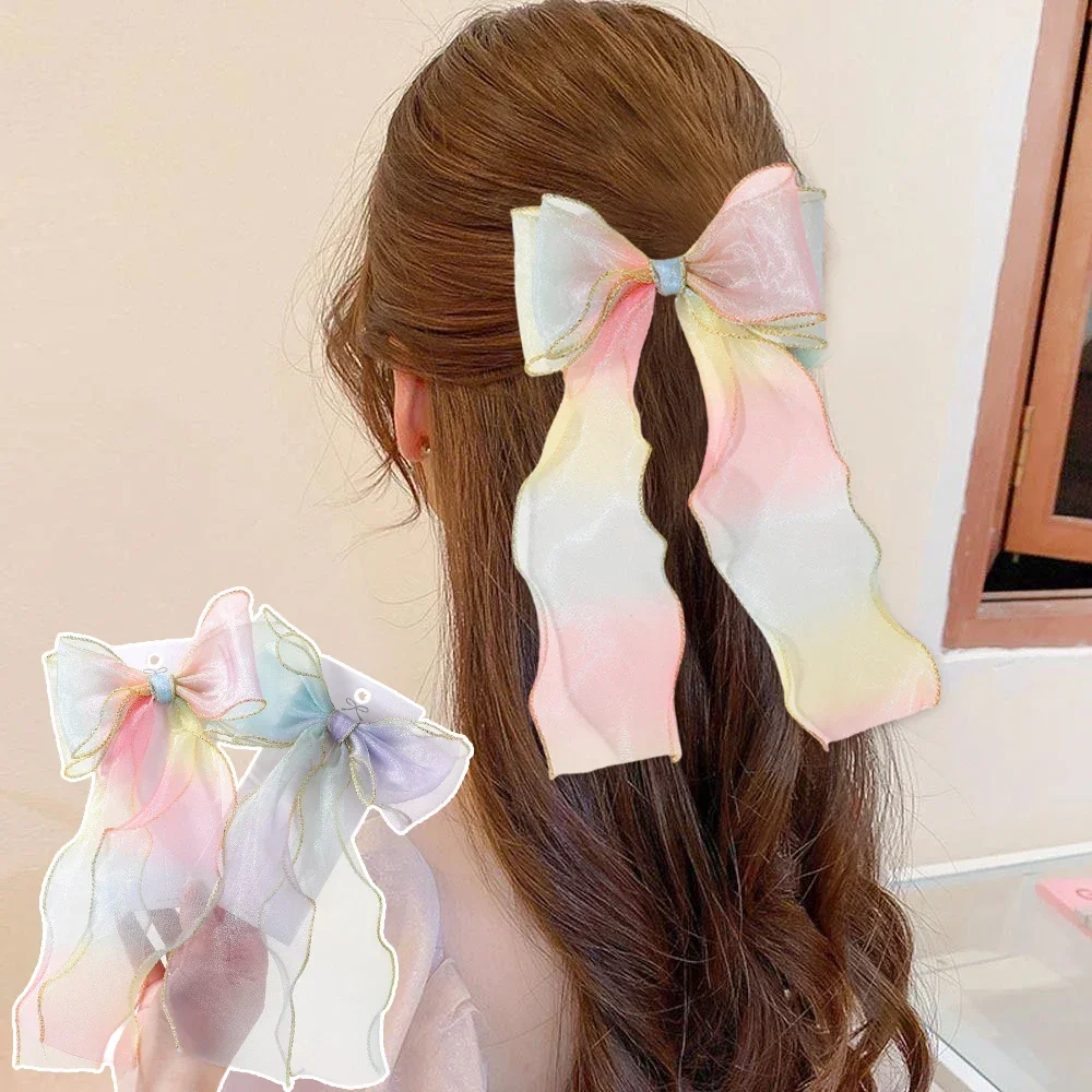 

1PCS Rainbow Chiffon Bow Ribbon Hair Clips for Women Girls Cute Colorful Long Tassel Ponytail Hairpins Headwear Hair Accessories