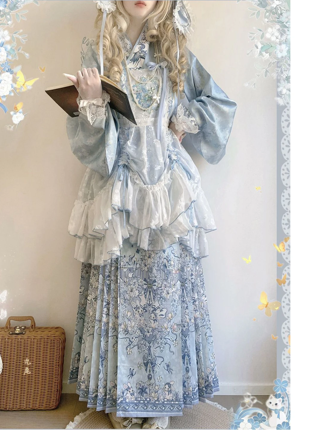 

Blue Spring Summer Set Embroidered Lace Skirt Cute Lolita Dress Sweet Hanfu Women's Fashion Elegant Traditional Chinese Clothing
