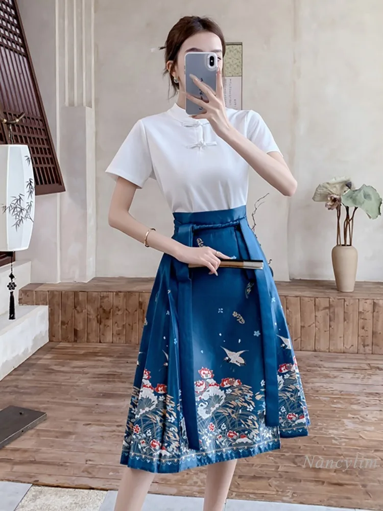 New Chinese Style Horse-Face Skirt Women\'s Hanfu 2024 Summer Female Cool Street Print Skirts