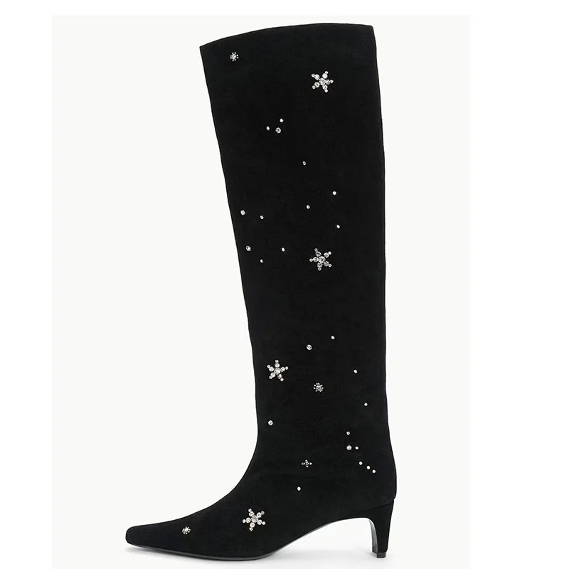 

Black Suede Block-Heeled Boots Square-Toe Rhinestone Knee-High Botines Slimming High-Heeled Biker Botas Femininas
