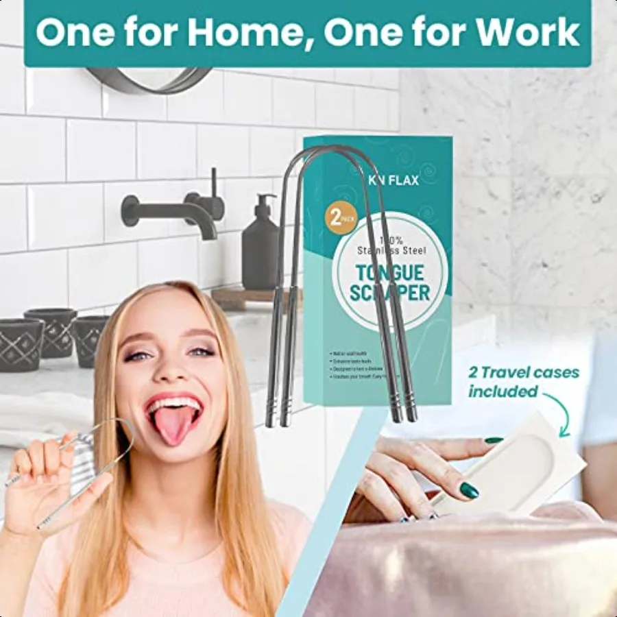 [عبوة من قطعتين] مكشطة اللسان [الصف الطبي] تقلل من رائحة الفم الكريهة ويحافظ على العناية بالفم 100 مكشطة لسان معدنية خالية من مادة BPA