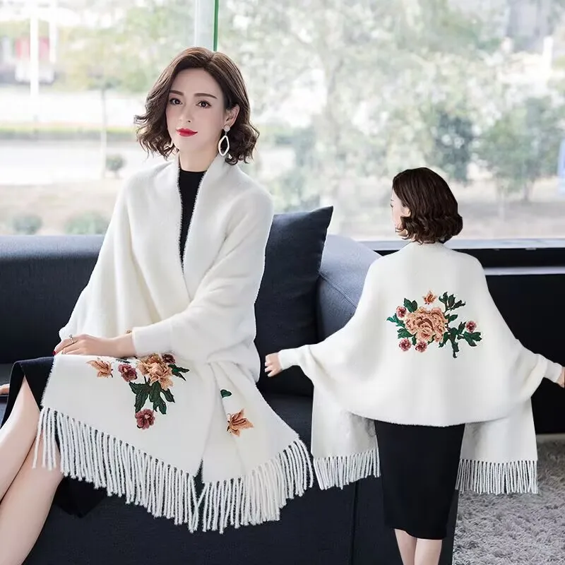 

Элегантное бархатное пальто в китайском стиле с вышивкой и цветами, накидка, модная женская верхняя одежда с рукавами «летучая мышь», осенне-зимняя шаль, накидки