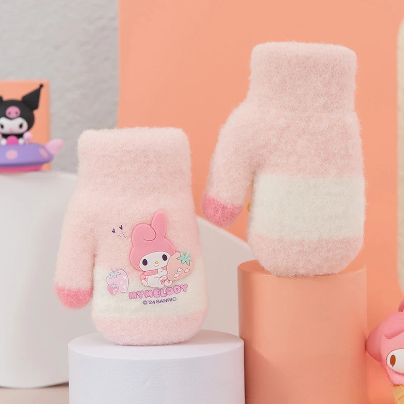 Kawaii Kuromi Winter Kids Plush Mittens Sanrio Anime My Melody Pochacco Cinnamoroll Girls Boys Knit Thicken Warm Gloves