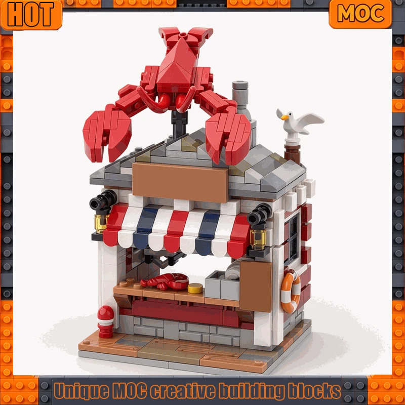 425PCS Seaside Lobster Shack Kiosk Model Custom Building Blocks American Food Stand Street View DIY Assembly Brick Set Toy Gift