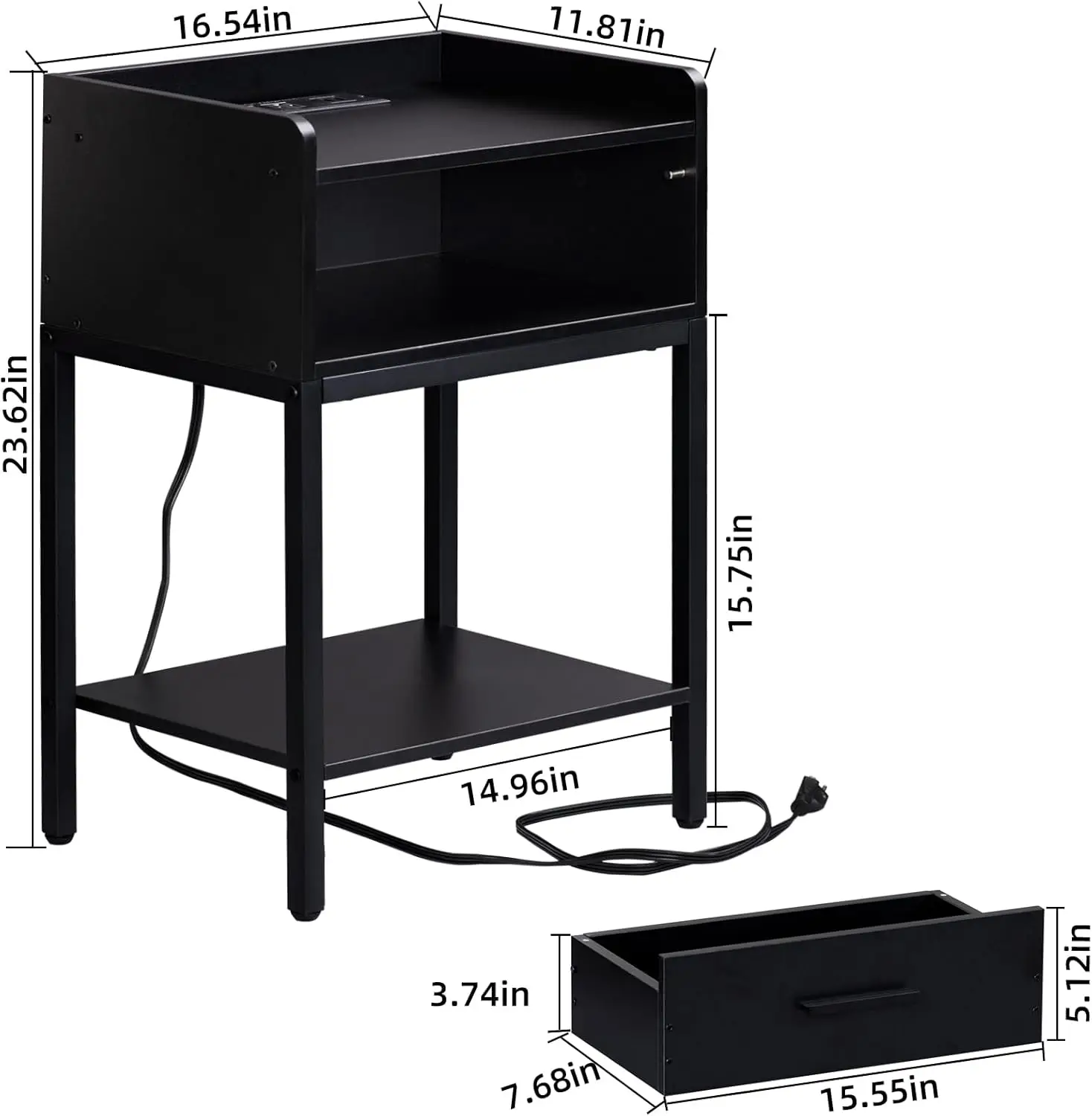 

Yaharbo Nightstand With Charging Station And Usb Ports, 3-Tier End Side Table With Storage Drawer And Shelf, Bedside Night