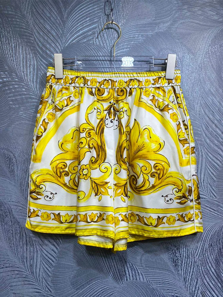 SEQINYY Elegant Shorts Summer Spring New Fashion Design Women Runway 100% Silk Elastic Waist Vintage Yellow Flower Print