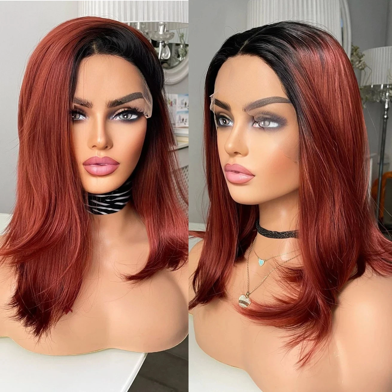 Ombre Copper Straight Bob Lace Front Wig para mulheres negras, cabelo de bebê, macio, cosplay, longo, sem cola, pré-arrancadas, resistente ao calor, 26"