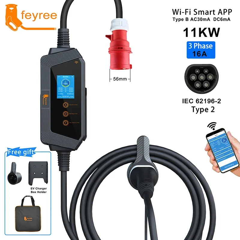 feyree Type2 Cable Portable EV Charger 11KW 16A 3P Car Charger Wi-Fi APP Control EVSE Charging Box CEE Plug for Electric Vehicle