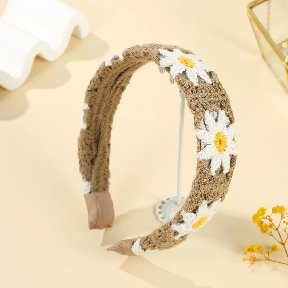 

Wash Face Colorful Wide Floral Hair Hoop Woven Polyester Flower Hollow Headband Anti-slip Soft Bohemian Daisy Haiband Daily