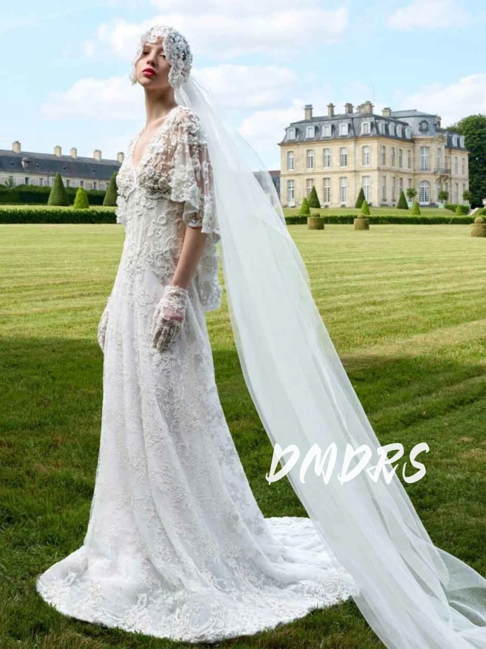 Destination Beaded A Line Wedding Dress Sexy Plunge Neckline Corset Fantasy Appliques Bridal Gown Customized No Gloves No Veil