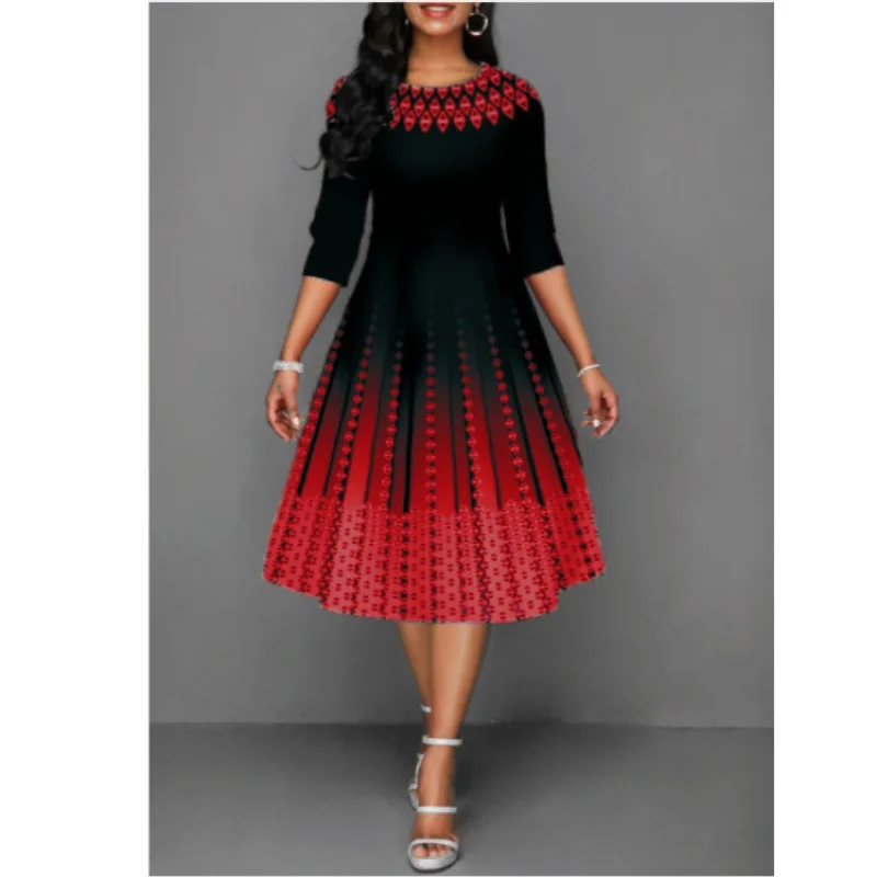 Women Dresses 2026 new positioned printed elegant mid-sleeved cinched waist dress women's clothing vestidoes