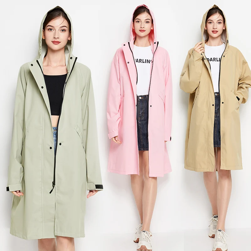 Women Stylish Long Raincoat Waterproof Rain Jacket with Hood Zipper