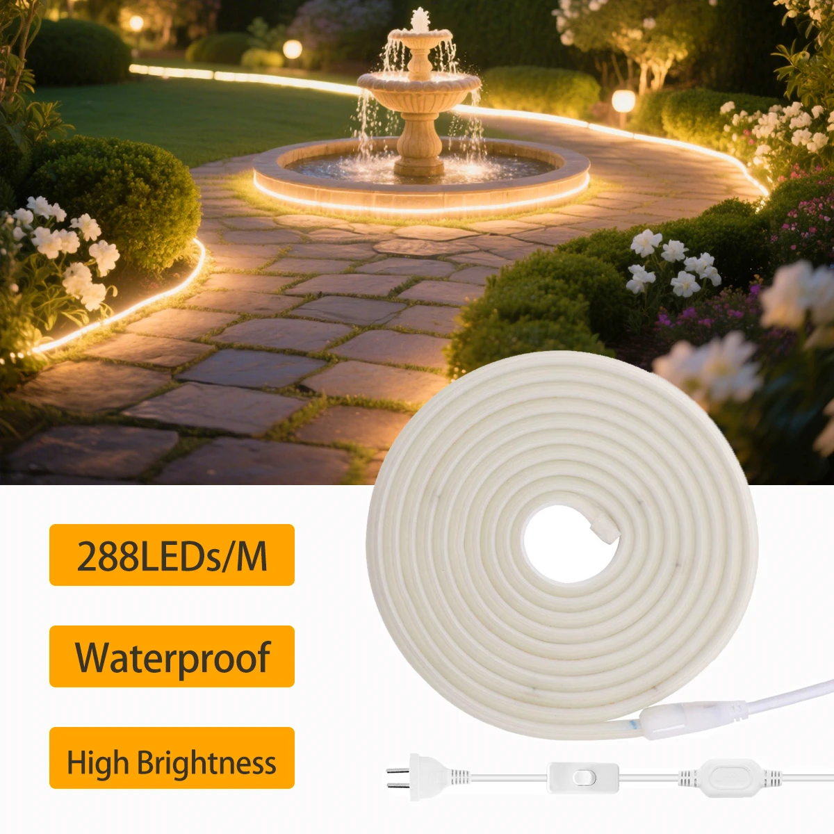 

LED Strip Light 110V/220V High Brightness COB Waterproof 288LEDs/m Adhesive Flexible Ribbon 1m/5m/10m/20m/30m/35m Room Decor
