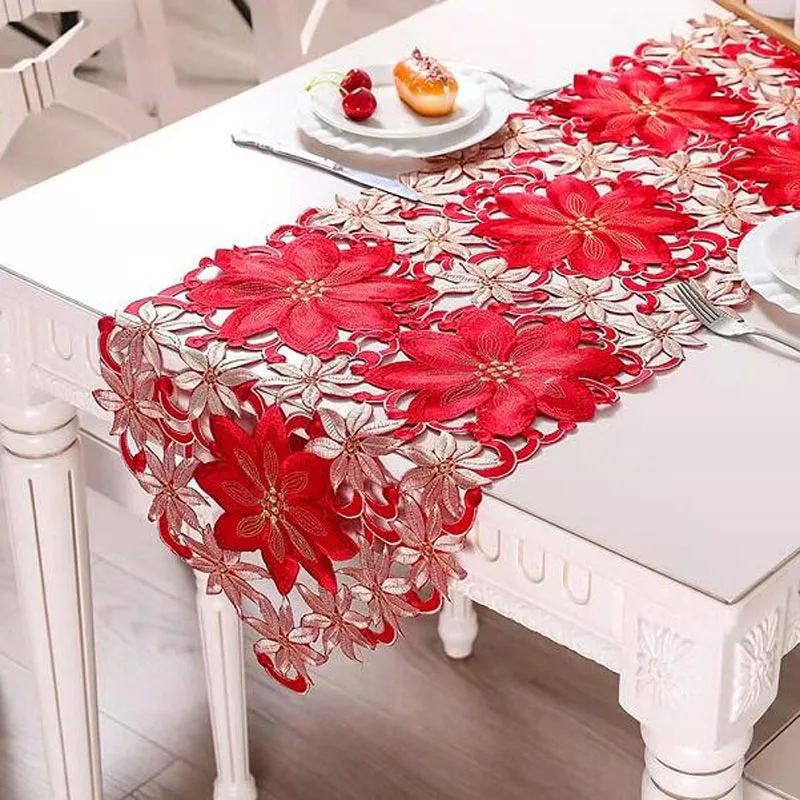 

2024 NEW satin Embroidery Christmas Poinsettia flower bed Table Runner flag cover tablecloth Table decoration and accessories