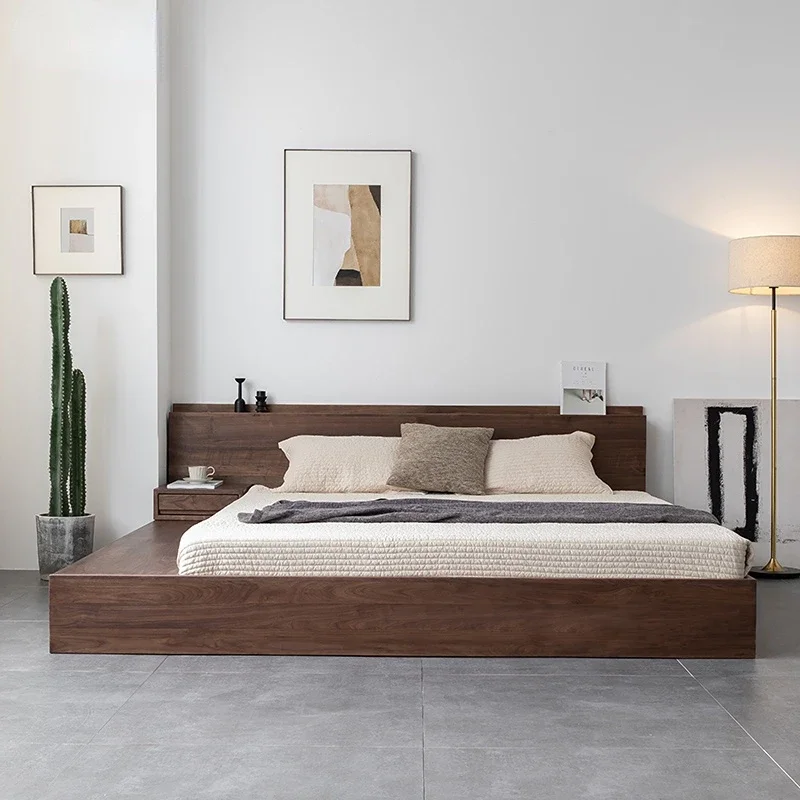 

Customized Nordic Japanese double oak solid wood tatami bed, floor low bed, simple, modern, quiet, black walnut